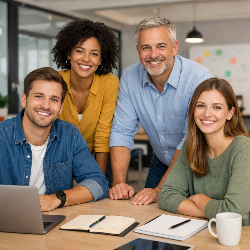 Smiling team members in a modern office, representing different communication styles at work.