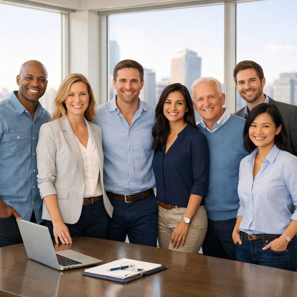 In a bright modern office space a diverse corporate team of six professionals stands together each exuding confidence and camaraderie They are positio-1